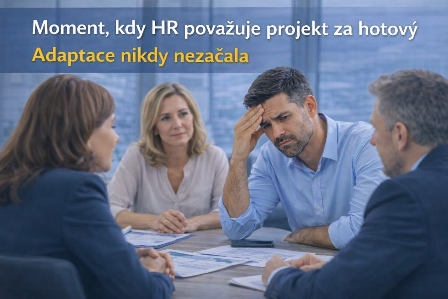 Jednání expat manažera s HR po relokaci do České republiky, ilustrující rozdíl mezi dokončenou relokací a neřešenou adaptací v pracovním týmu.